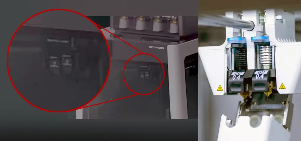 Порівняння нового дизайну насадки Bambu Lab H2D з Ultimakers.